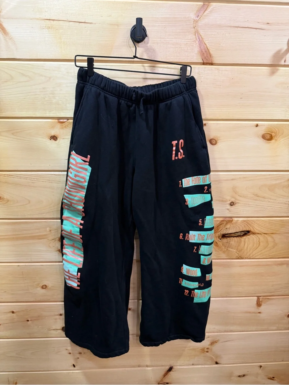TAYLOR SWIFT THE LIFE OF A SHOWGIRL TRACKLIST BLACK SWEATPANTS - Medium